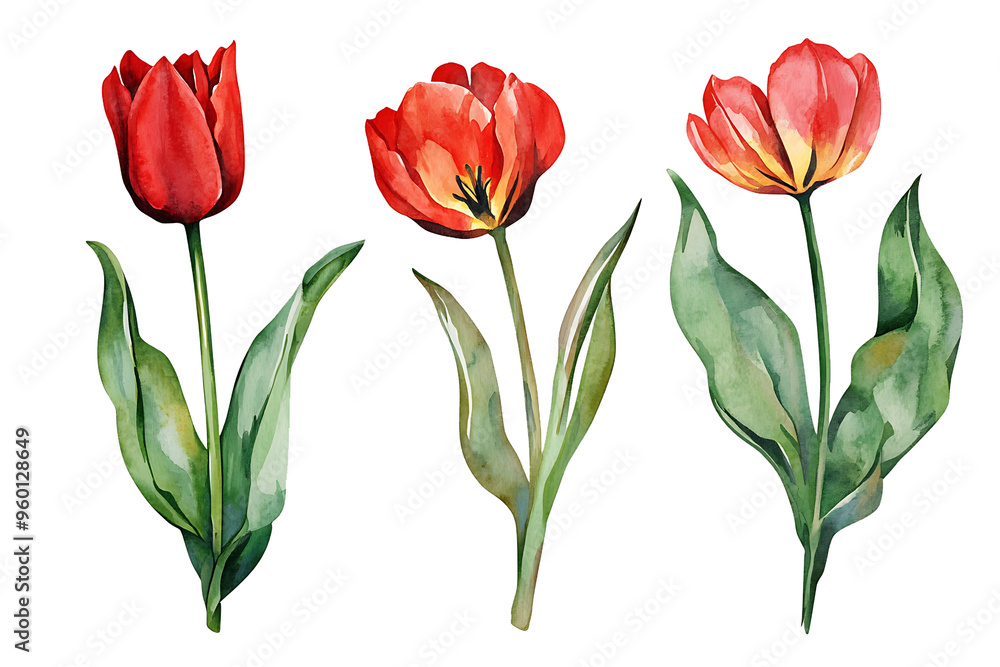 Three Watercolor Red Tulips with Green Leaves Three Watercolor Red Tulips with Green Leaves