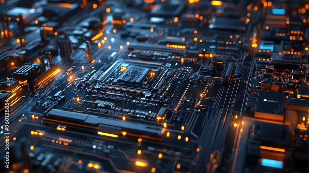 A close-up view of a futuristic circuit board with glowing elements. A close-up view of a futuristic circuit board with glowing elements.