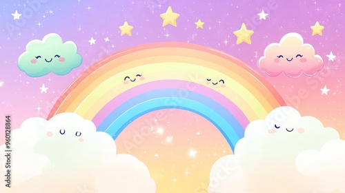Cute rainbow with smiling clouds and stars.