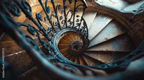 A close-up view of a spiral staircase with ornate ironwork and worn steps.