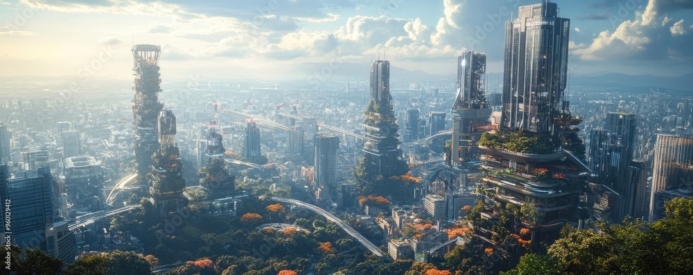 Fototapeta premium A cluster of high-tech skyscrapers in a futuristic city, connected by sky bridges and featuring vertical gardens, showcasing the vision of tomorrow s urban architecture
