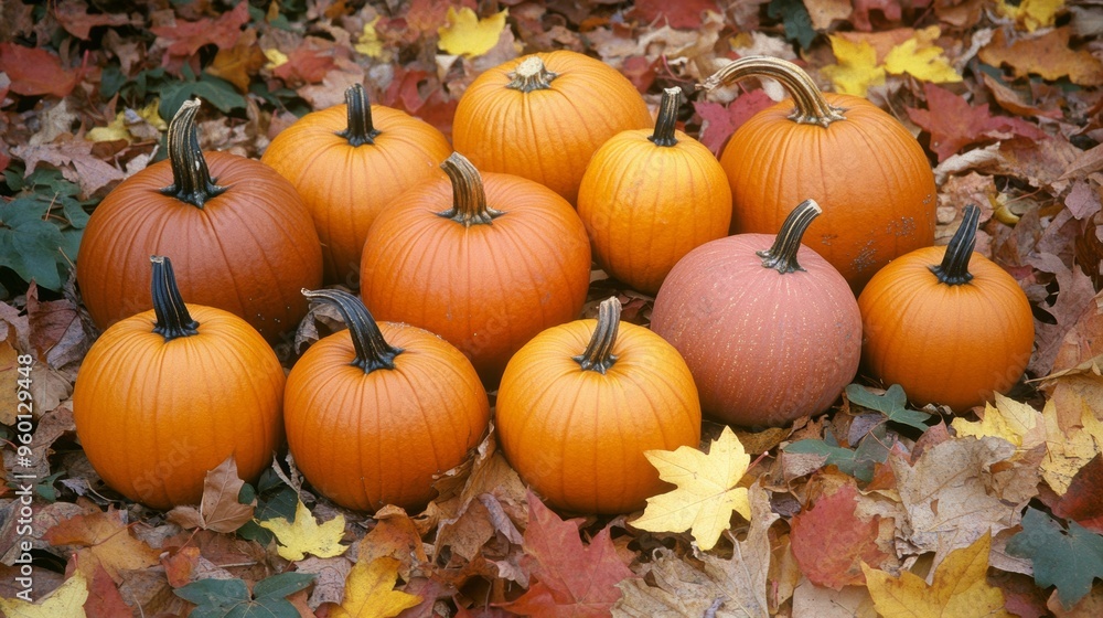 An autumn harvest scene showcasing a collection of pumpkins nestled among a vibrant blanket of fall leaves. The pumpkins vary in size and color, set against a warm, golden backdrop that enhances the An autumn harvest scene showcasing a collection of pumpkins nestled among a vibrant blanket of fall leaves. The pumpkins vary in size and color, set against a warm, golden backdrop that enhances the