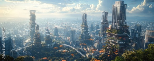 A cluster of high-tech skyscrapers in a futuristic city, connected by sky bridges and featuring vertical gardens, showcasing the vision of tomorrow s urban architecture photo