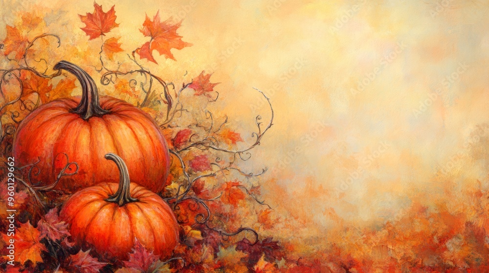 An inviting autumn backdrop with an assortment of pumpkins set against a rich tapestry of fall leaves. The pumpkins are in varying sizes and shapes, positioned on a bed of fallen leaves in shades of An inviting autumn backdrop with an assortment of pumpkins set against a rich tapestry of fall leaves. The pumpkins are in varying sizes and shapes, positioned on a bed of fallen leaves in shades of