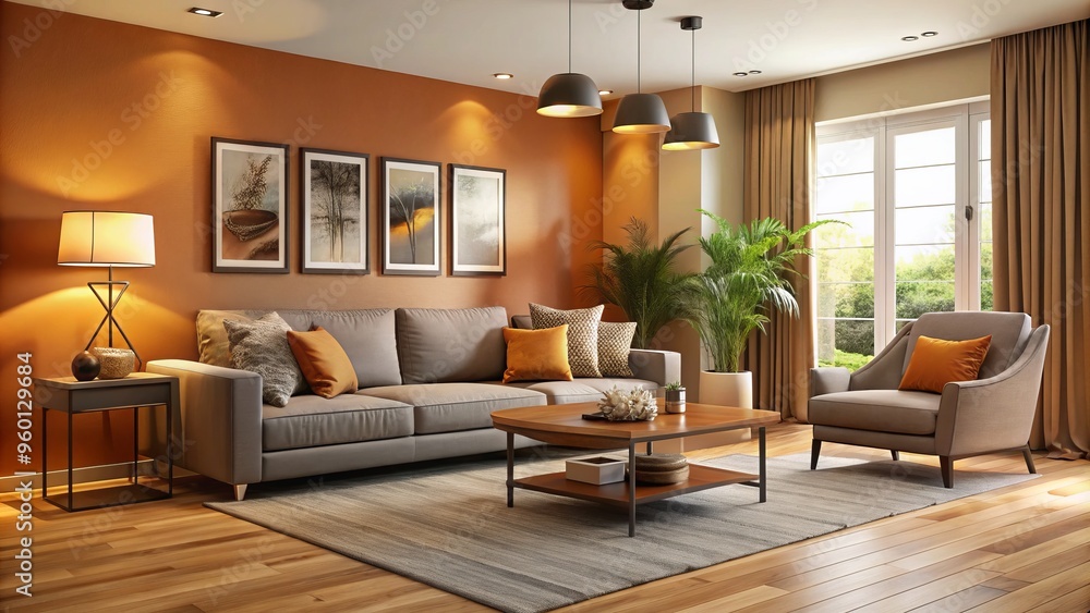 Peanut butter-colored walls and sleek grey furniture create a warm and inviting living room with a cozy modern Peanut butter-colored walls and sleek grey furniture create a warm and inviting living room with a cozy modern