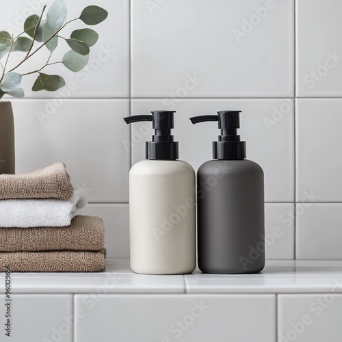 Two amber white glass bottles containing hair and body wash products in a modern bathroom setting. Bathroom supplies 