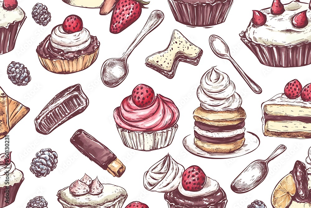 Hand-Drawn Seamless Pattern of Delicious Cupcakes, Cake, and Other Desserts Hand-Drawn Seamless Pattern of Delicious Cupcakes, Cake, and Other Desserts