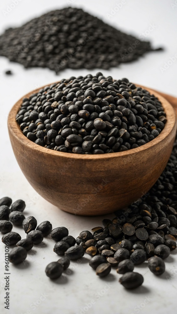 A handful of black lentils on a white background, displaying their raw texture with space for text or design. A handful of black lentils on a white background, displaying their raw texture with space for text or design.