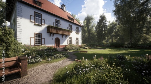 Wallpaper Mural A two-story house features expansive windows, a vibrant red roof, and wooden accents, nestled in a lush garden under a clear blue sky Torontodigital.ca