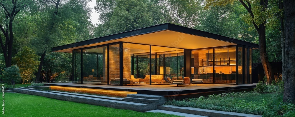 Obraz premium A contemporary glass pavilion in a lush park, with an open layout and views of the surrounding nature, illustrating the concept of transparency in modern architecture