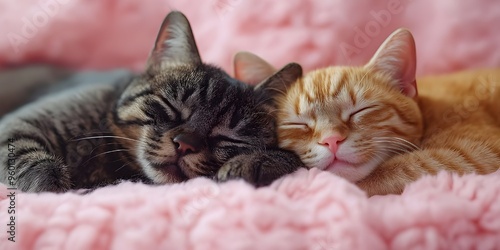 Cute cats resting on a warm, comfy blanket photo