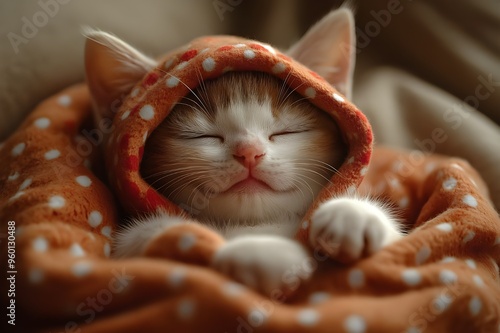 Soft and snuggly orange kitty on a plush blanket photo