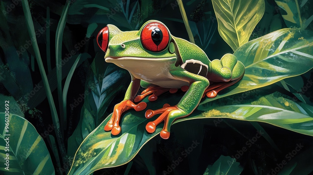 A detailed illustration of a red-eyed tree frog perched on a leaf, with its vibrant green body and striking red eyes contrasting against the deep green of the rainforest A detailed illustration of a red-eyed tree frog perched on a leaf, with its vibrant green body and striking red eyes contrasting against the deep green of the rainforest
