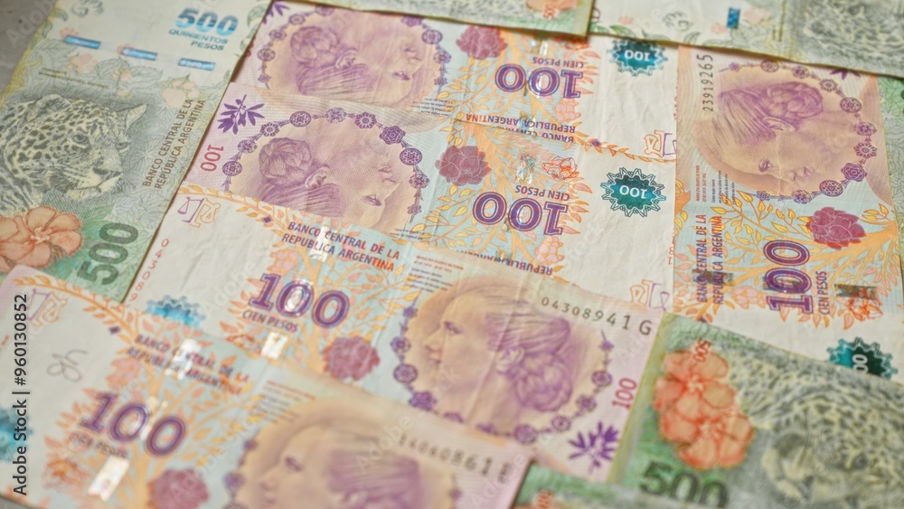 Fototapeta premium Argentinian banknotes of various denominations spread out, showcasing the vibrant designs and cultural imagery of the country's currency.