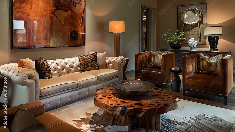 Fototapeta premium Write about the inviting atmosphere of a living room with warm, earthy tones 