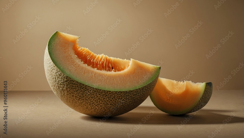 A slice of cantaloupe melon on a beige background, offering space for text or design. A slice of cantaloupe melon on a beige background, offering space for text or design.