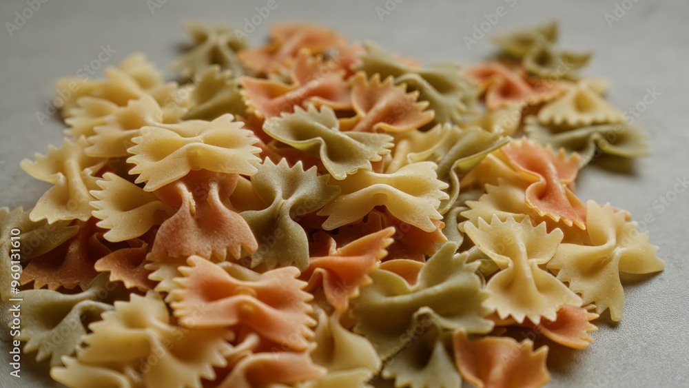 Closeup of colorful farfalle pasta on a concrete surface highlighting texture and variety. Closeup of colorful farfalle pasta on a concrete surface highlighting texture and variety.