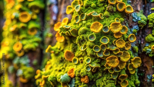 Vibrant green and yellow lichen colonies thrive on moss-covered tree bark, showcasing intricate textures and patterns in a mesmerizing macroscopic display of nature's hidden beauty. photo