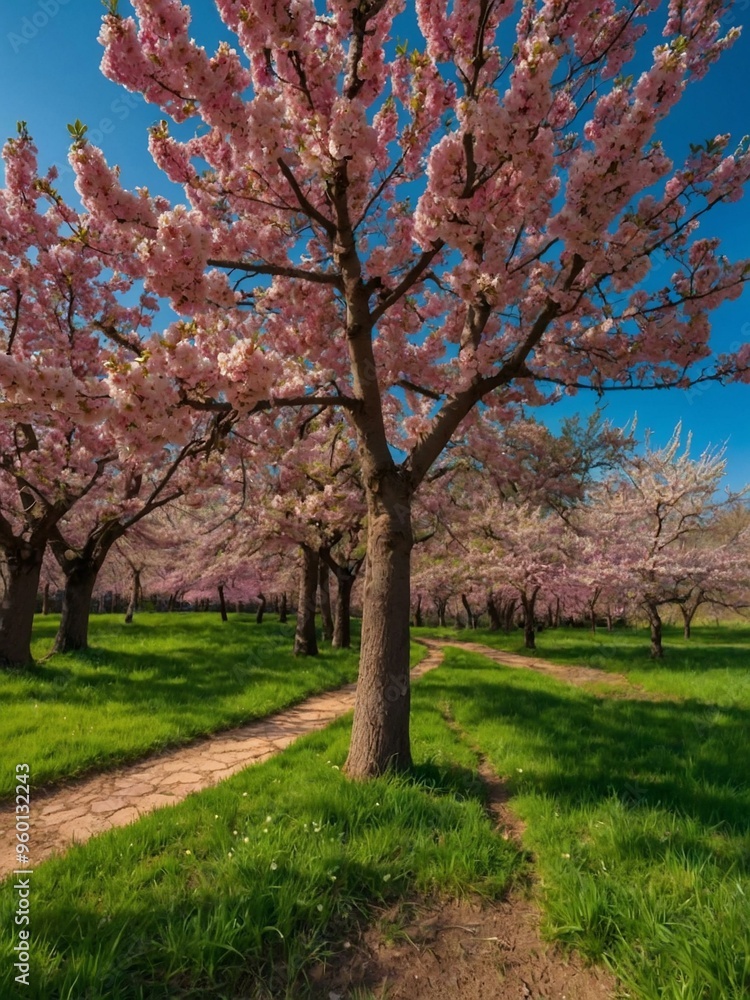 A vibrant spring scene with blossoming trees, offering space for text or design. A vibrant spring scene with blossoming trees, offering space for text or design.