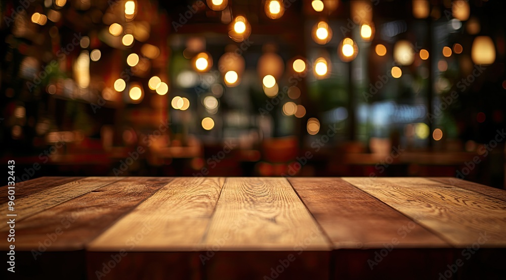 An empty wooden table invites diners in a warmly lit restaurant, with a blurred background enhancing the cozy evening atmosphere An empty wooden table invites diners in a warmly lit restaurant, with a blurred background enhancing the cozy evening atmosphere