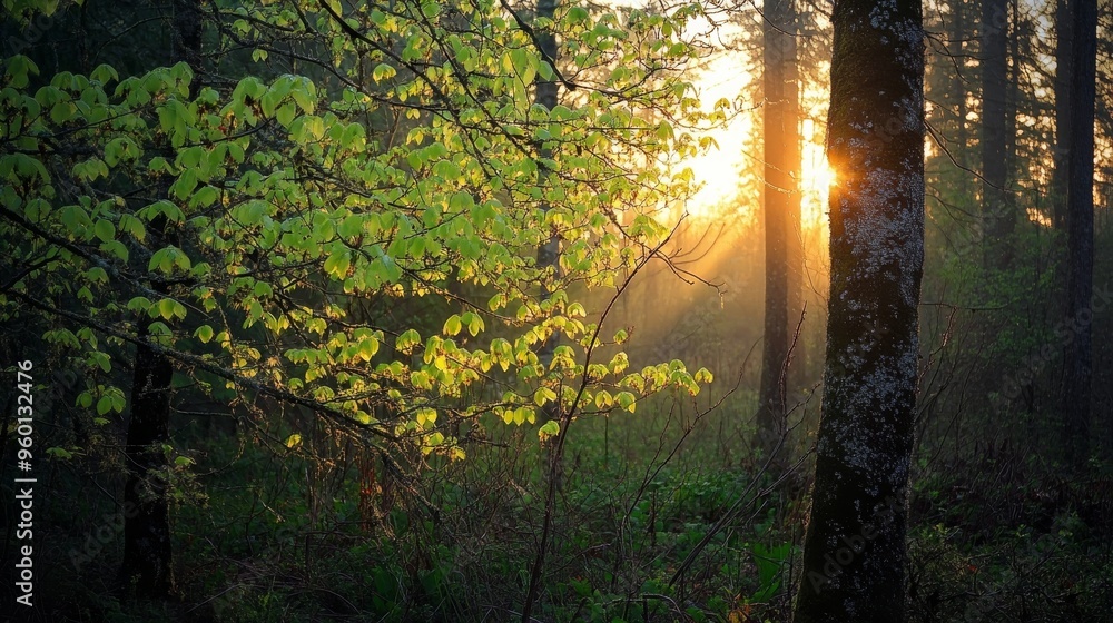 Obraz premium Dawn's embrace in forest greens.