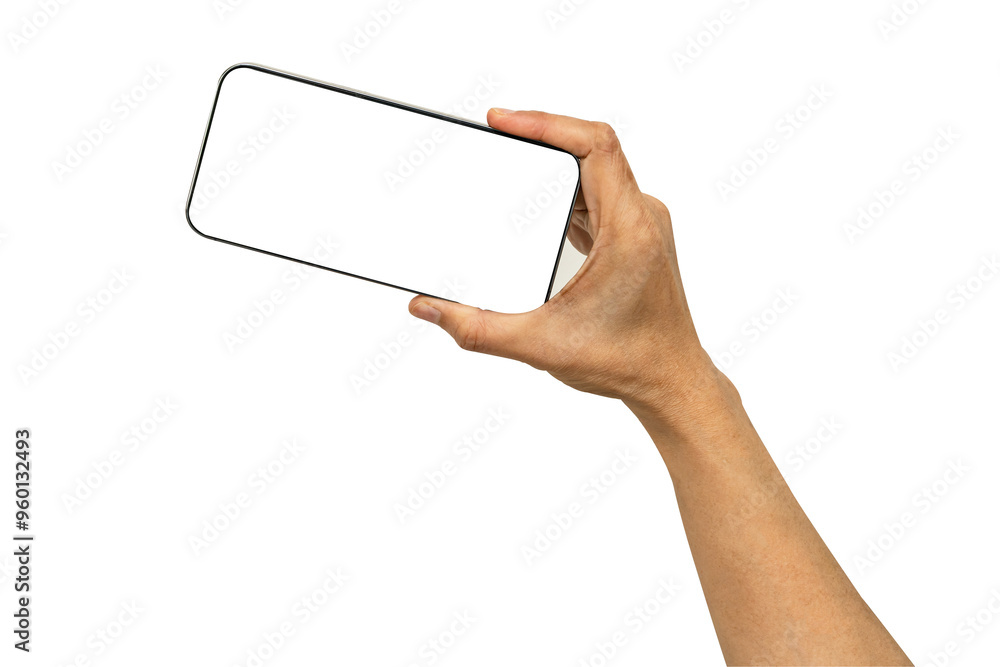 Asian woman holding mobile smartphone in hand for communication isolated on white background with clipping path. Asian woman holding mobile smartphone in hand for communication isolated on white background with clipping path.