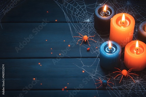 Halloween pattern of eerie cobwebs, spiders, and flickering candles., photo