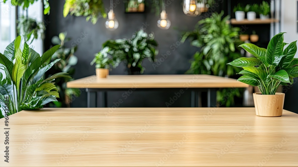 Fototapeta premium An empty wooden table invites diners in a warmly lit restaurant, with a blurred background enhancing the cozy evening atmosphere