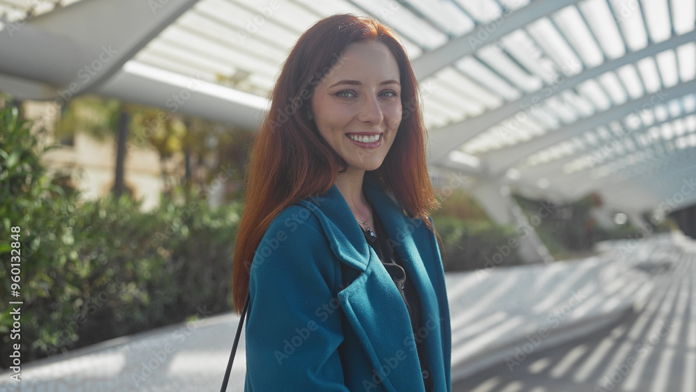 Smiling redhead woman in a teal blazer standing in a sunlit urban park with modern architecture. Smiling redhead woman in a teal blazer standing in a sunlit urban park with modern architecture.