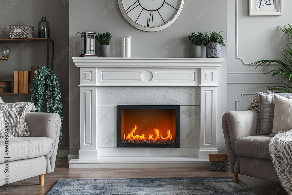 White wood electric fireplace with flames and grey wall clock above it in living room, product photography style. White wood electric fireplace with flames and grey wall clock above it in living room, product photography style.