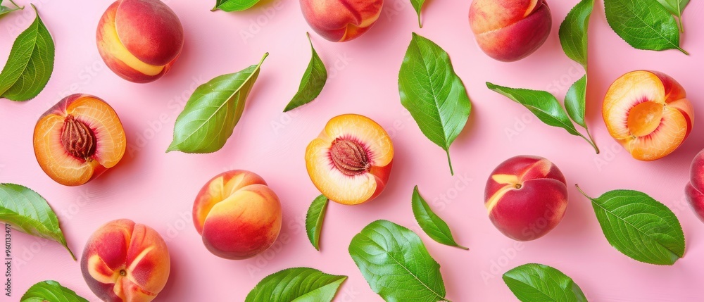 Fresh peaches with green leaves arranged artistically, highlighting their vibrant colors and juicy texture. Free copy space for banner. Fresh peaches with green leaves arranged artistically, highlighting their vibrant colors and juicy texture. Free copy space for banner.