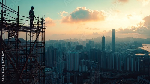 A construction worker stands on a scaffold overlooking a city skyline at sunset.