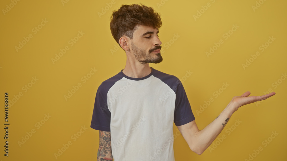 A young hispanic man with a beard poses casually with an outstretched hand on a vibrant yellow background A young hispanic man with a beard poses casually with an outstretched hand on a vibrant yellow background