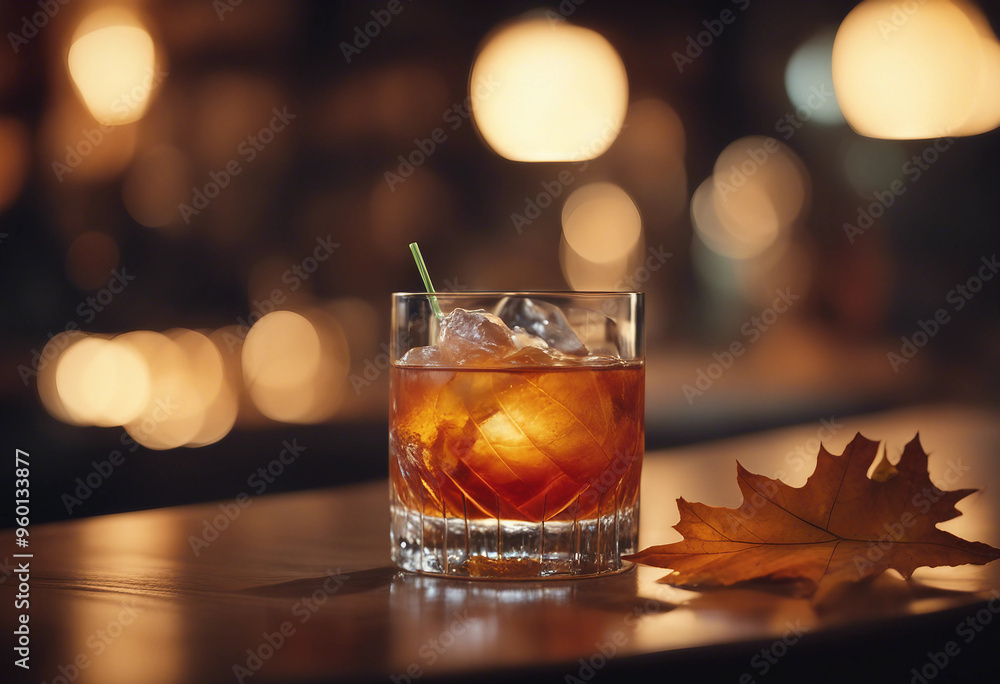 Fall autumn old fashioned cocktail with leaves on table with bar lights in the backgrounds Fall autumn old fashioned cocktail with leaves on table with bar lights in the backgrounds