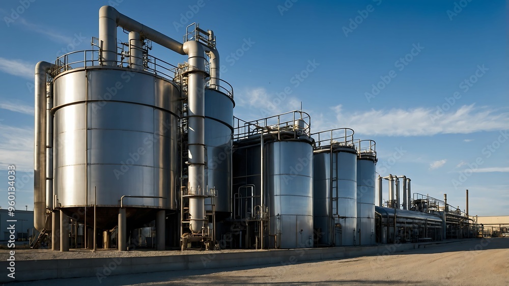 Industrial Strength - A view of a large industrial plant with towering metal structures under a clear blue sky. Industrial Strength - A view of a large industrial plant with towering metal structures under a clear blue sky.