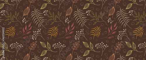 Autumn Pattern of Leaves, twigs and berries on a dark background. Vector organic background. Delicate plant seamless wallpaper. For fabric, textile, wrapping paper, bed linen.