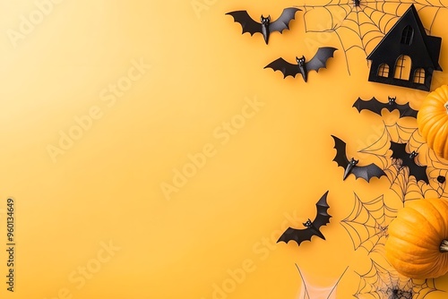 Haunted housethemed Halloween pattern with flying bats and cobwebs., photo