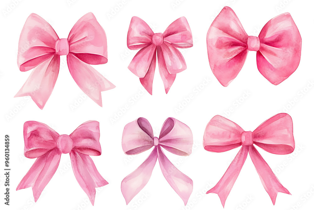 Six watercolor pink bows painted in a soft, delicate style, isolated on a white background. Six watercolor pink bows painted in a soft, delicate style, isolated on a white background.