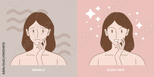 Face of woman with skin problem compare with healthy skin. Girl touching aging wrinkles, sagging skin and glowy skin by hand. Crumpled isolated. Hand drawn flat cartoon character vector illustration.