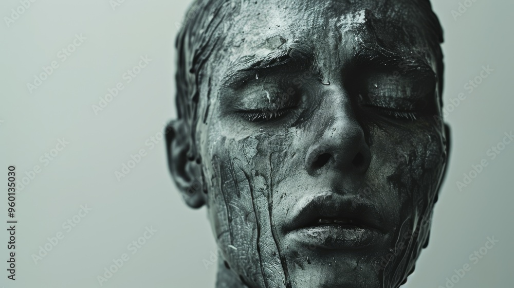Close-up portrait of a man covered in dark, cracked paint, eyes closed, expressing deep sorrow or anguish. The image captures intense emotions, ideal for themes of struggle, mental health, and inner Close-up portrait of a man covered in dark, cracked paint, eyes closed, expressing deep sorrow or anguish. The image captures intense emotions, ideal for themes of struggle, mental health, and inner