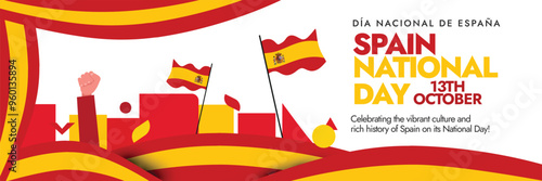 Spain National Day. 12th October Spain national day celebration banner with its flags, abstract art elements in flag colours, hand fists in air. The day recalls the discovery of the Americas in 1492