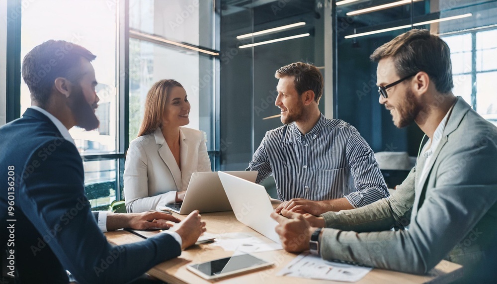 A diverse group of professionals collaborate around a table, using laptops and tablets, during a daytime meeting. A diverse group of professionals collaborate around a table, using laptops and tablets, during a daytime meeting.