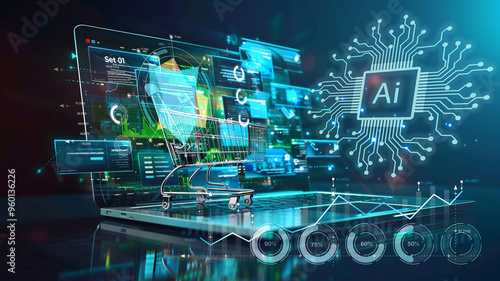 AI, Big Data, and business analytics icons represent the integration of advanced technology in analyzing graphs, business data, and market trends, driving strategic decisions and innovative solutions.
