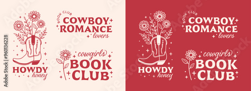 Cowboy romance lovers book club howdy honey love cowgirl boots printable cut file funny quotes bundle pack. Retro boho pink red preppy country western girl aesthetic stickers women shirt design.