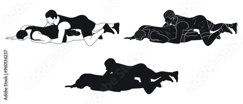 Group of wrestlers in combat attack, Greco Roman wrestling, silhouette set