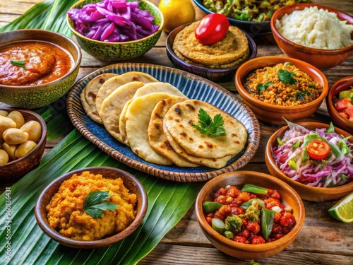 Vibrant Honduran Cuisine Display Featuring Traditional Dishes Such As Baleadas, Pupusas, Tajadas, And Nacatamales, Showcasing The Country'S Culinary Heritage. photo