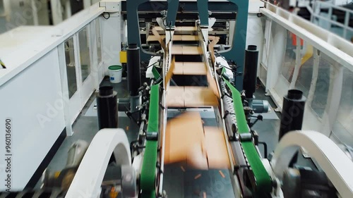 Modern conveyor line for the production of cardboard packaging from corrugated cardboard. Cardboard factory, equipment, production workshop. Cardboard moves along the conveyor belt, top view, drone