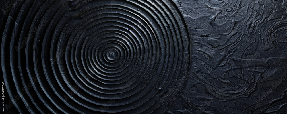 A dark black textured surface with a series of concentric circles and radial lines. The pattern creates a sense of motion and dynamic energy. A dark black textured surface with a series of concentric circles and radial lines. The pattern creates a sense of motion and dynamic energy.