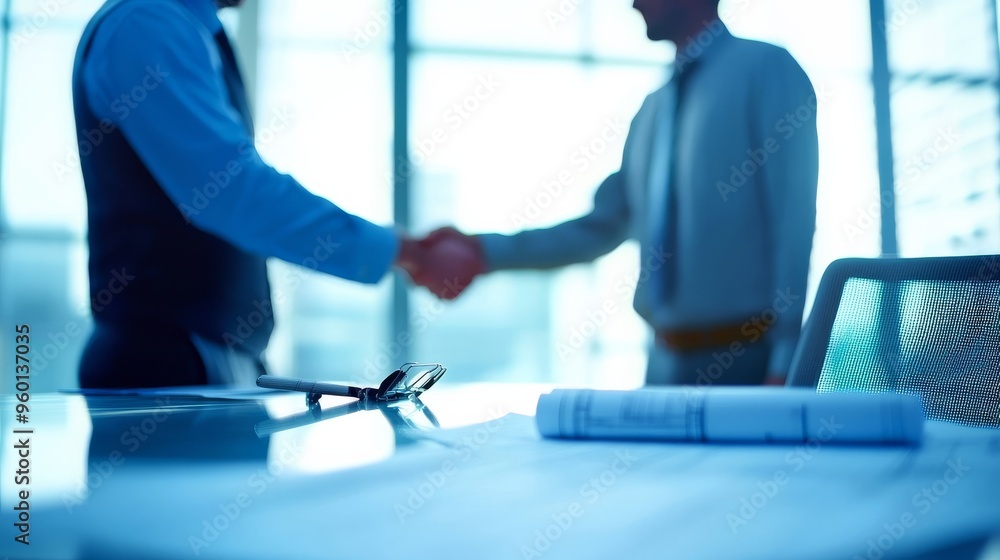 Two men shake hands over blueprints. Two men shake hands over blueprints.