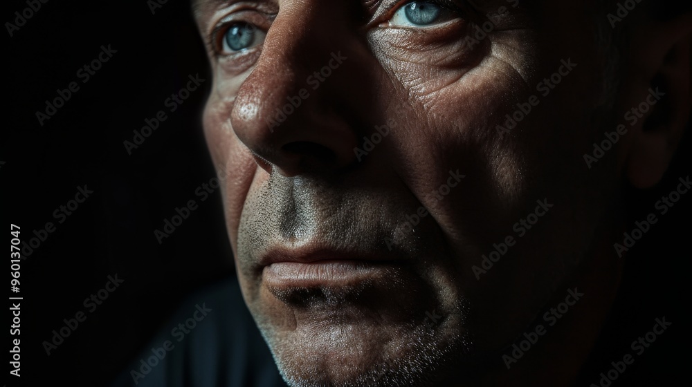 Obraz premium A close-up portrait of a mature man with striking blue eyes, captured in dramatic low-key lighting. The deep shadows and highlights emphasize the texture of his skin and the intensity of his gaze